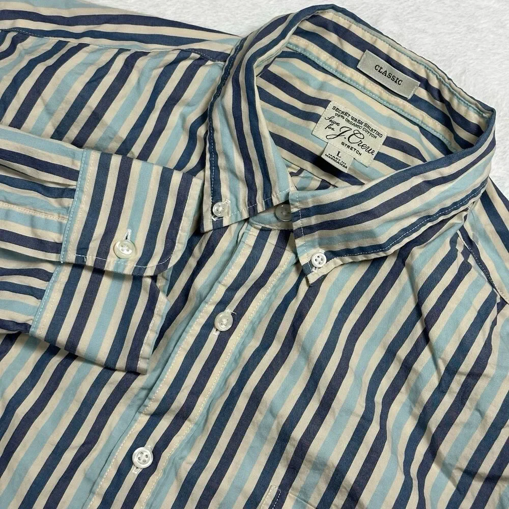 J Crew Secret Wash Shirt Mens Large Classic Blue Stripe Organic Cotton Stretch